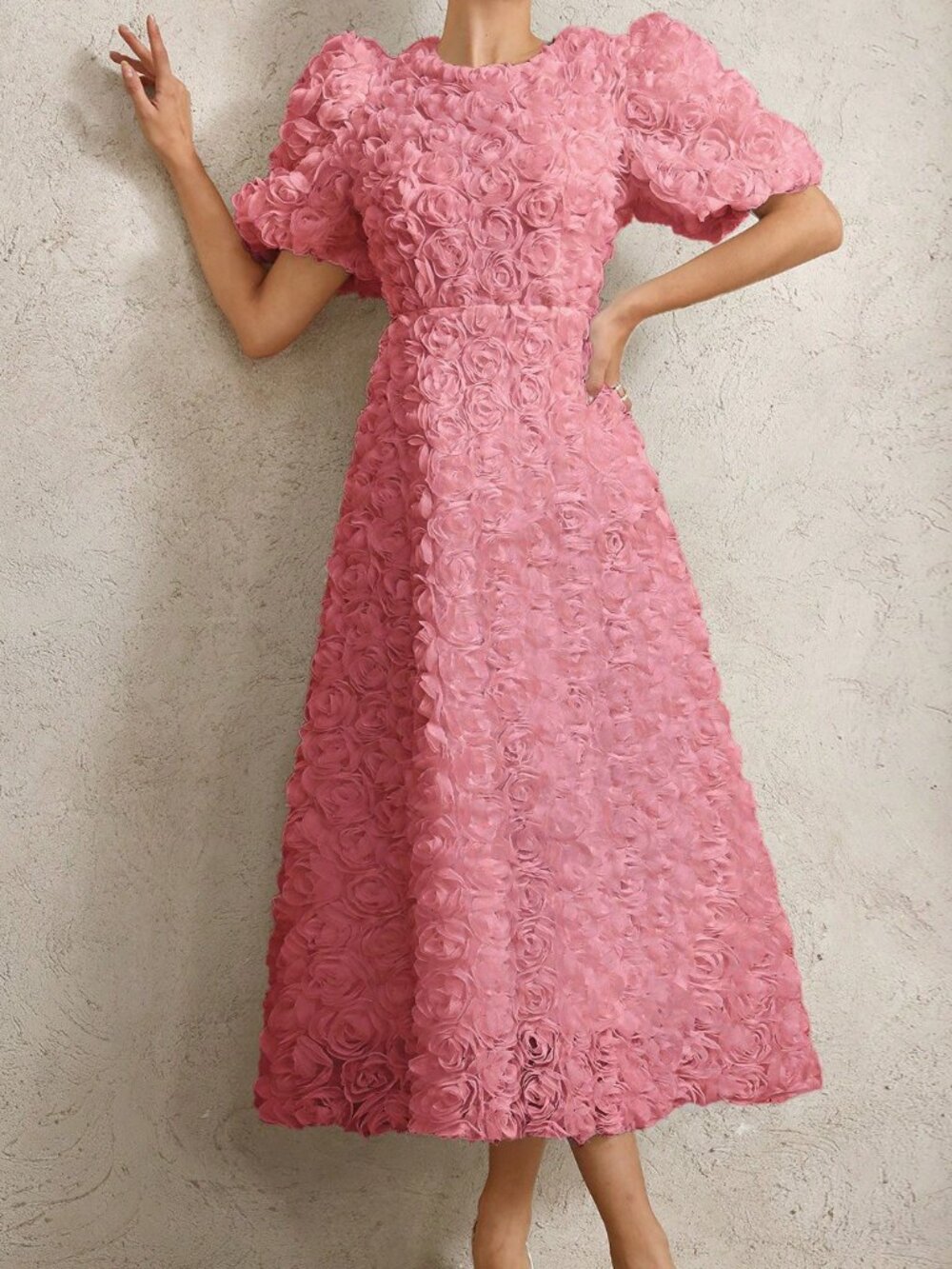 Pink Elegant Women's 3D Rose V-Neck Puff Sleeve Waist-Fitted Extra Long Dress - Picture 5 of 6